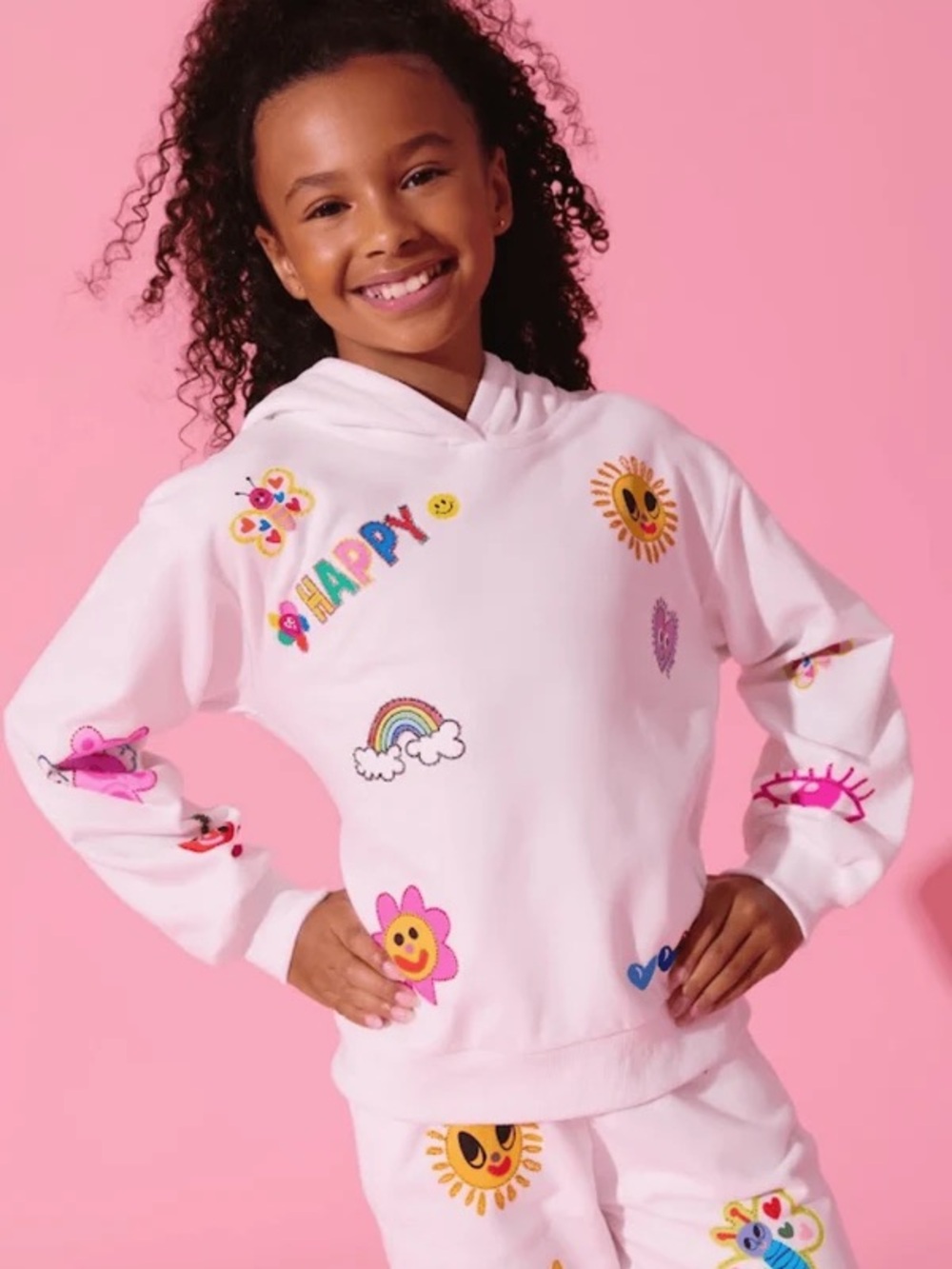 Lola + The Boys Pink Hoodie with Happy Sun & Rainbow Graphics